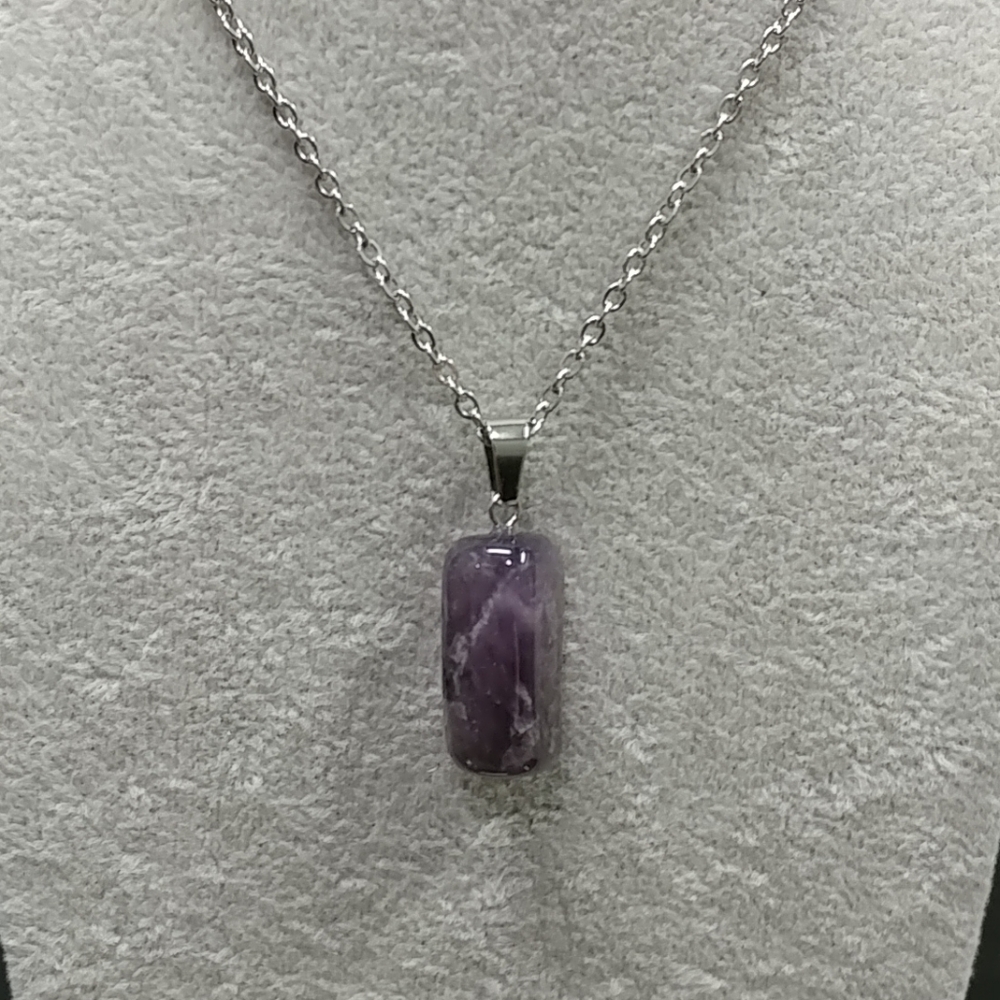 Amethyst Necklace Natural Gemstone Crystal Pendant Stainless-Steel Chain Purple
